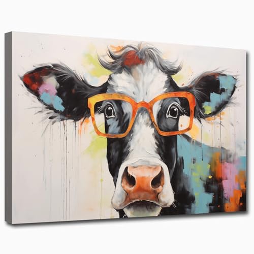 Leinwandbild, Motiv: bunte Kuh mit Brille, Bauernhoftierdrucke für...