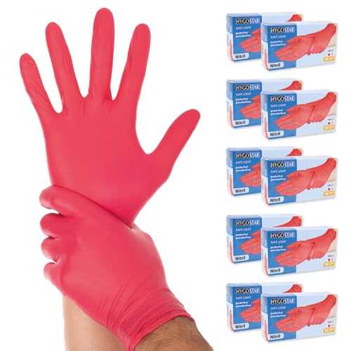 FRANZ MENSCH 1000x Hygostar Einweghandschuhe Safe Light, Einmalhandschuhe Größe M, reißfeste Nitrilhandschuhe, puderfrei, latexfreie Gummihandschuhe, Handschuhe Einweg, Rot in S, M, L, & XL