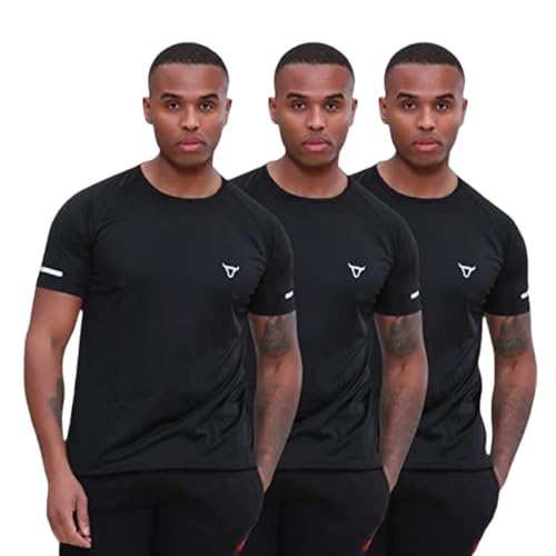 TORO ACTIVA Paquete de 3 camisetas de manga corta para hombre, ajuste atlético, absorbe la humedad, secado rápido, tallas S-2XL, Paquete de 3, todo negro, S
