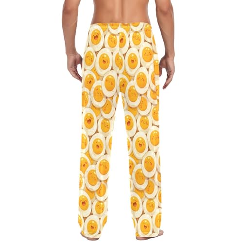 Men's Cartoon Fried Eggs Pajama Pants with Pockets - Straight Fit Cotton Sleep Bottoms for Lounge & Nightwear#7273