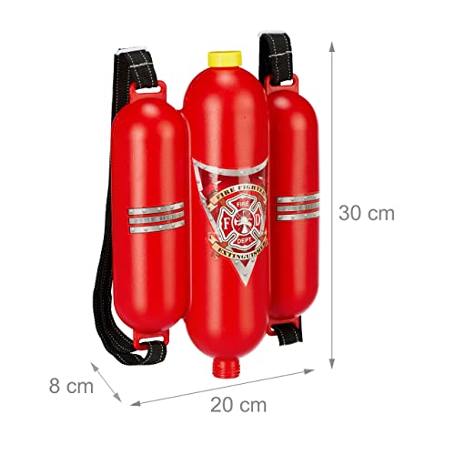 Relaxdays 10027680 Feuerwehr Wasserspritze, 2,5 l Wassertank, 5 m Reichweite, 2 Sprühfunktionen, Löschrucksack Kinder, rot-gelb