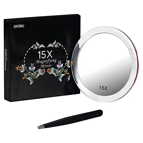 ISFORU 15x Magnifying Mirror with 3 Suction Cups - Use for Makeup Application, Tweezing, Blackhead/Blemish Removal - Travel Magnification Mirror with Tweezers and Storage Bag Cover