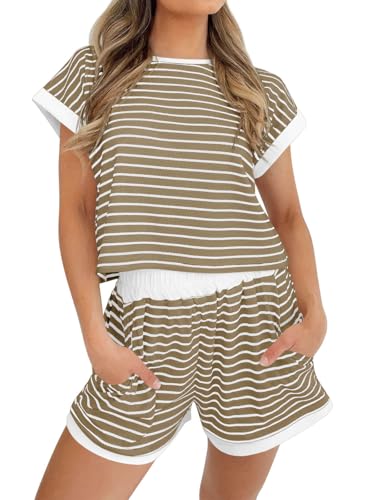 Image of Tankaneo Womens Summer 2 Piece Sets Striped Short Sleeve T Shirts and Shorts Loungewear Matching Set