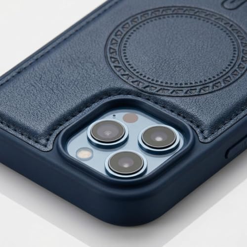 Image of amazon basics Premium PU Leather Case for iPhone 13 Pro, MagSafe Compatible Magnetic Ring, Sleek Protective Back Cover - [Blue]