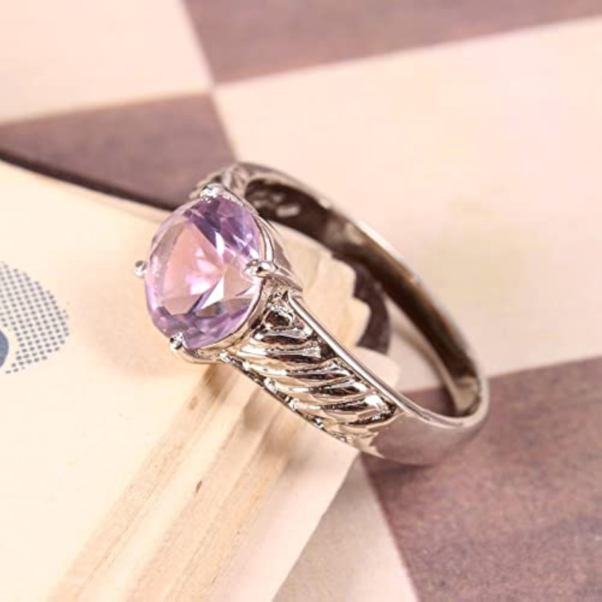 Sterling Silver Ring for Women with Natural Amethyst, 9 MM Round