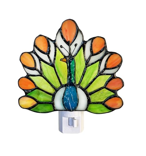Image of Tiffany Stained Glass Peacock Night Light WKD1003 (Green、Orange) Tiffany Glass Night Light, Peacock Pattern, Stained