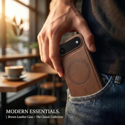 Image of amazon basics Premium PU Leather Case for iPhone 17 Air, MagSafe Compatible Magnetic Ring, Sleek Protective Back Cover - [Brown]