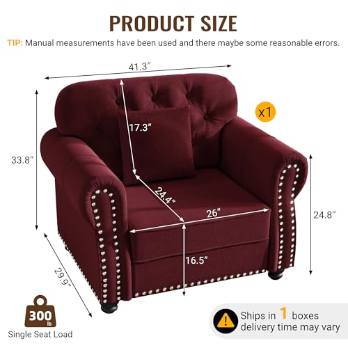 Image of KEIKI 41 inch Velvet Chesterfield Sofa with Rolled Arms & Nailhead Trim, Modern Upholstered 1-Seater Button Tufted Couch with High Resilience Cushion & 1 Pillow, Easy Assembly, for Living Room, Burgundy