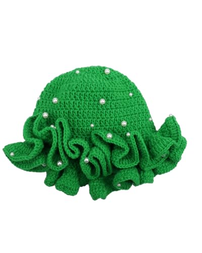 Image of Women Crochet Bucket Hat Cute Winter Ruffled Brim Floppy Cap Handmade Knit Cloche Hats