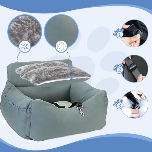 CALIYO Hundeautositz mit Stabiler Basis & Sicherheitsgurt | Hundesitz Auto für Kleine bis 10 kg | Memory Foam-Sitzauflage | Wasserdichter, Abwaschbarer Hundekorb mit Aufbewahrungstasche(Grau-Grün)