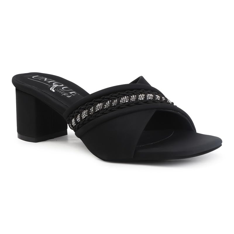 UNIQUE STTEPS WOMEN FASHION SANDALS IN 2" BLOCK HEEL SYNTHETIC LEATHER EMBELLISHED LACED BLACK UPPER PEEP TOE CASUAL DESIGN