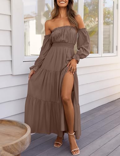 ZESICA Women's 2025 Boho Sexy Off Shoulder Long Sleeve Smocked High Waist Side Split Flowy A Line Tiered Long Maxi Dress - Image 3