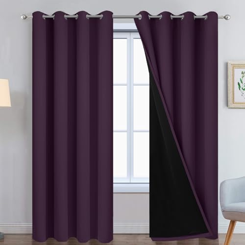 Image of Yakamok Purple 100% Blackout Curtains 84 Inches Long for Bedroom 52 inch Wide | Blackout Curtain Panels for Bedroom, 2 Thick Layers Grommet Top Thermal Insulated Drapes with Black Liner for Living Room