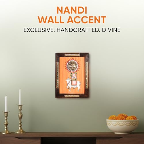 Image of Nandi Wall Accent with beautiful painting of Nandi and Shiva in Brass in Backdrop | Handcrafted Wall Art for Home Decor & Office Spaces