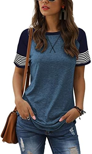 Adibosy Womens Tops Short Sleeve Casual Tunic Shirts Round Neck Striped Color Block Blouse T-Shirt Blue L