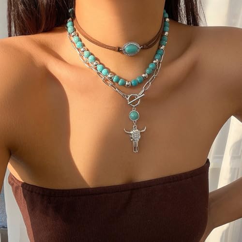 CSIYANJRY99 Layered Western Necklaces for Women Vintage Turquoise Beaded Western Jewelry for Women Ox-head Cactus Cross Chain Necklaces Country Concert Cowgirl Dresses Accessories3