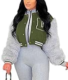 ECDAHICC Women's Varsity Jacket Faux Fur Sleeve Cropped Baseball Jacket Button Up Casual Patchwork Letterman Coat (AG,L)