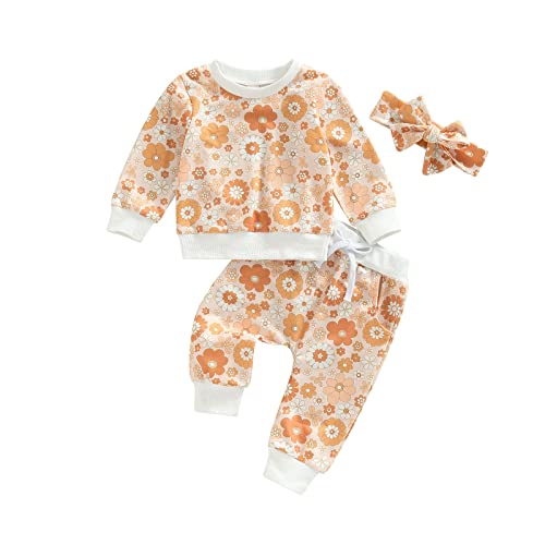 Image of 3Pcs Baby Girl Outfits Daisy Sweatshirt + Pants + Headband Infant Fall Winter Clothes