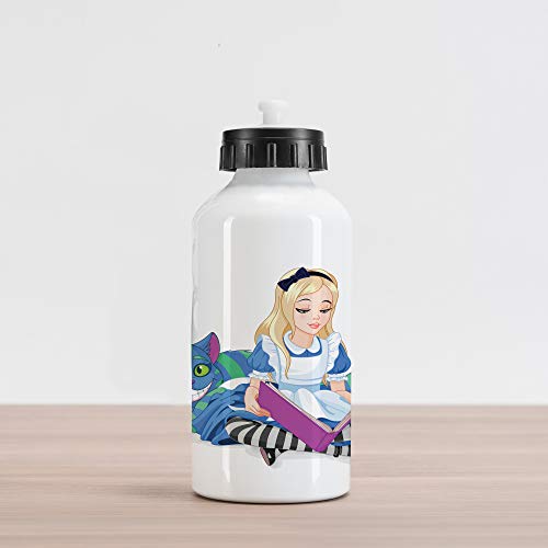 Ambesonne Alice in Wonderland Aluminum Water Bottle, Alice Reading Book Cat Colorful World Happiness Love Character Image, Aluminum Insulated Spill-Proof Travel Sports Water Bottle, Multicolor