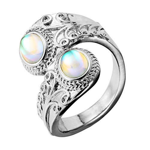 Genuine Moonstone Ring for Women Sterling Silver 925 Rainbow Moonstone Ring Natural Moon Stone Promise Engagement Band Ring Gemstone Rings Vintage Birthstone Dainty Gifts for Women Size 6-10 (8)