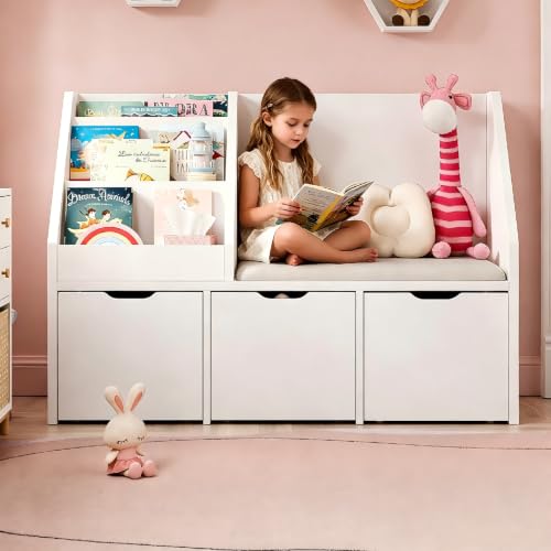 Image of Teckid 39.4'' Kids Bookshelf with Reading Nook, Toy Storage Organizer with Cushioned Bench, 3 Movable Drawers, Toddler Bookcase for Playroom Bedroom Nursery, White