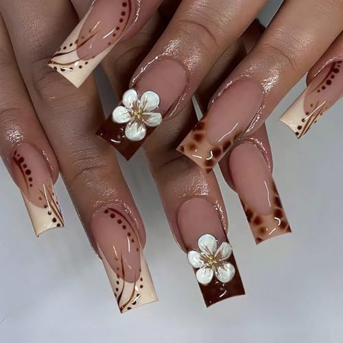 GlamRays Ongles Longs Pressés 24pcs, Faux Ongles Carrés French Tip avec Fleurs, Dégradé Ombre...