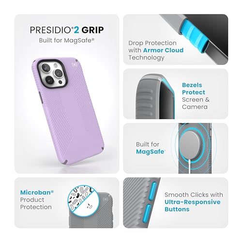 Image of Speck iPhone 15 Pro Max Case - Built for MagSafe, Drop Protection Grip - Scratch Resistant, Soft Touch, 6.7 Inch Phone Case - Presidio2 Grip Spring Purple /Cloudy Grey /White