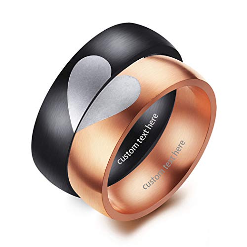JewelryWe Anillo de acero inoxidable con grabado, puzle de corazón, anillos de amistad, alianzas de boda, anillos de compromiso para hombre y mujer, negro oro rosa, Acero inoxidable