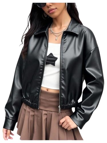 SHENHE Girl's Faux Leather Bomber Jacket Zip Up Motor Biker Motorcycle Cropped Jacket