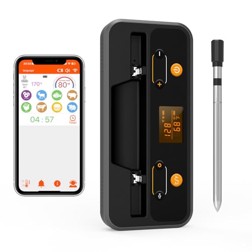 Wireless Meat Thermometer – Digital Bluetooth Meat Thermometer for Inside and Outside Grilling – App Remote Control Smart Meat Thermometer with 500 Ft Remote Range for Grill, Oven, Smoker, Rotisserie
