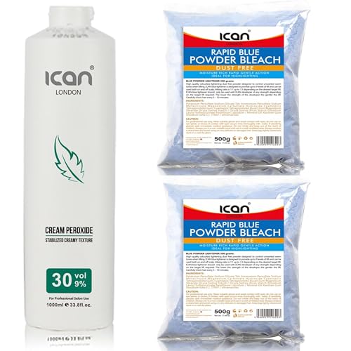 ICAN LONDON Professional Cream Peroxide, 30 Vol 9%, 1000 ml + Rapid Blue Powder Bleach, 2 x 500 g (1 kg) Combo Set