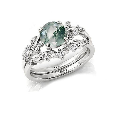Natural Moss Agate Ring Solid 10K/14K/18K Gold Green Leaf Moss Agate Engagement Ring with Cubic Zirconia Engraved Name Wedding Bands for Women4