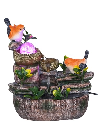 Image of Polyresin Orange Birds Tabletop 3 Steps Indoor Water Fountain for Home Decor with LED, Speed Controller Pump & Crystal Ball (Size: 26 x 17 x 31 CM |Colour: Multi|Weight: 1770 Gram)