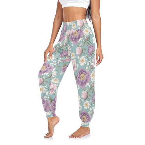 CHIFIGNO Purple Flowers White Daisies Women's Joggers Sport Workout Pants Elastic Waist Pants, L