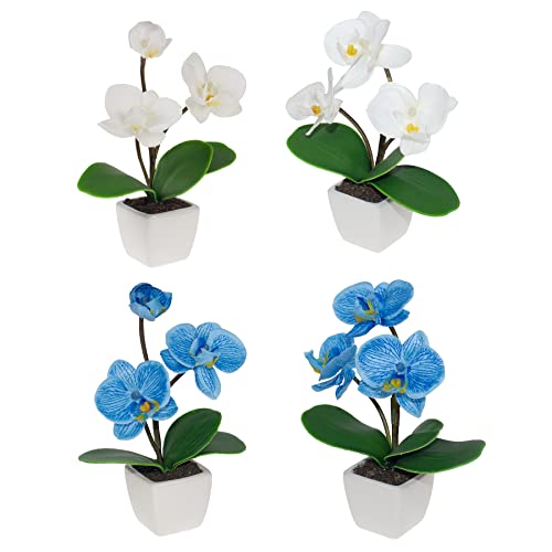 BINFEN Set of 4 Mini Fake Potted Orchid Flowers in White and Blue- Perfect for Home, Office, Bathroom Decor - Artificial Orchids with Ceramic Pots