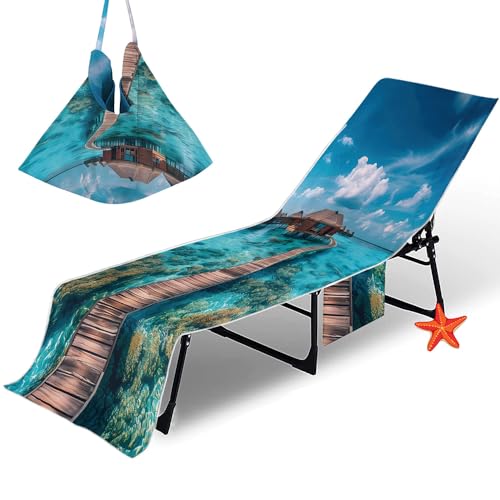 Surwin Housse de Chaise de Plage, Serviette de Plage Couverture Séchage Rapide Housse pour Chaise Longue de Jardin Protection Bain de Soleil pour Hôtel Piscine -Cocotier (Ciel,75x210cm)