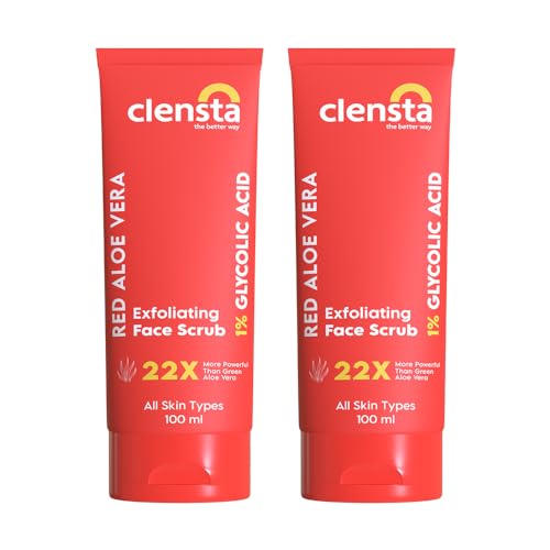 Image of Clensta Red Aloe Vera Exfoliating Face Scrub With 3% Walnut Shell, lactic Acid & Vitamin E For Deep Exfoliation And Detan | Dead Skin Remover, Blackheads, Whiteheads, Tan Removal - 100g | (Pack of 2)