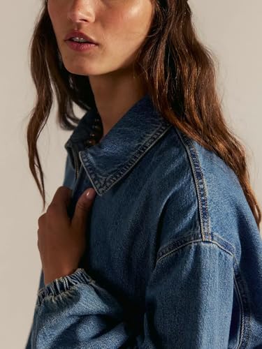 Women Long Sleeve Denim Jacket Oversized Zipper Collared Fall Classic Jean Tops Coats2