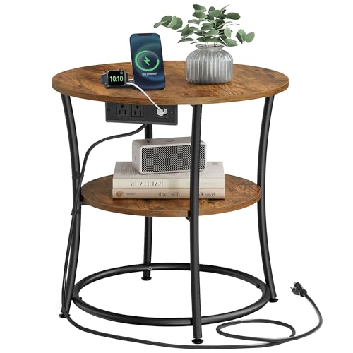 VASAGLE Side Table, 2-Tier Round End Table with Power Outlets, Nightstand with Steel Frame for Small Spaces, Living Room, Bedroom, Rustic Brown and Ink Black ULET077K01 Rustic Brown + Ink Bl