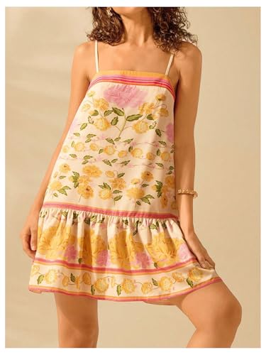 Image of SHENHE Women's Floral Sundress Ruffle Hem Spaghetti Strap Loose Flowy Boho Cami Dress