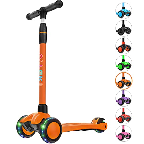 Image of Allek Kick Scooter B03, Lean 'N Glide 3-Wheeled Push Scooter with Extra Wide PU Light-Up Wheels, Any Height Adjustable Handlebar and Strong Thick Deck for Children from 3-12yrs (Orange)