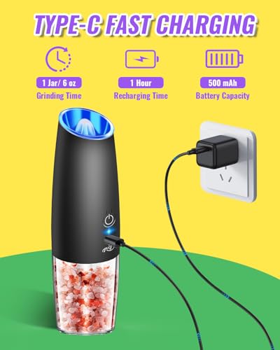 XinXu Upgraded Rechargeable Gravity Electric Pepper and Salt Grinder Set with LED lights,Stainless Steel Automatic Pepper or Salt Grinder Mill Shaker Refillable with Adjustable Coarseness,(Black)
