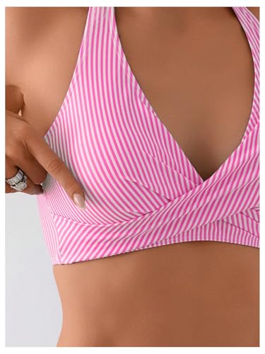 Verdusa Women's 2 Piece Striped Halter Bikini Set Cross Thong Bathing Suit4