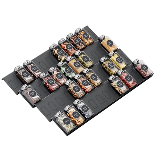 Famhap Rangement Epices Tiroir 8PCS, Organisateur Porte Épices pour Extensible de 29,5 cm à 59 cm, Insert Etagere Epices Cuisine Texture Mate (Noir)