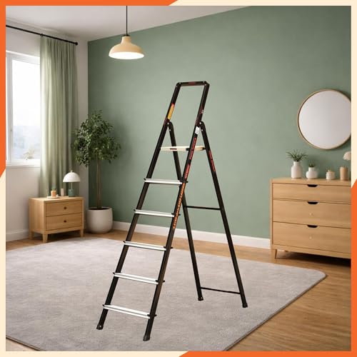 Image of Prime Magnus 6-Step Hybrid Step Ladder | Steel Frame + Aluminium Steps | Heavy Duty Ladder for Home | Anti-Skid Platform | 150 KG Load Capacity | 5 Year Warranty | Made in India | Black & Silver