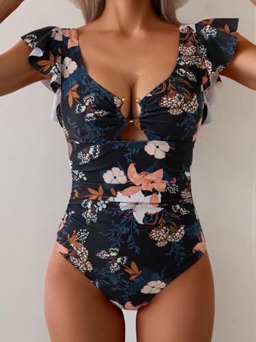 Image of Eomenie Womens Ruffled One Piece Swimsuit Slimming Tummy Control Bathing Suit V-Neck Cutout Swimwear for Resort Wear