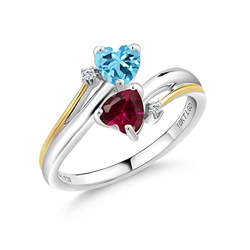 Gem Stone King 1.17 Ct Swiss Blue Topaz Red Created Ruby 925 Silver and 10K Yellow Gold Lab Grown Diamond 2 Heart Promise Couple Engagement Mother Ring (Size 7)