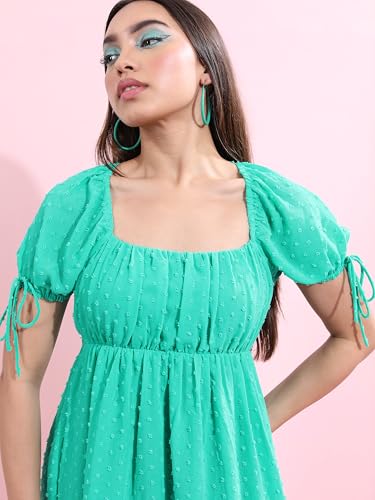 Image of Tokyo Talkies Women's Self-Design Fit & Flare Short Dress | Square Neck & Front Gathering | Chic & Feminine with Puff Sleeves