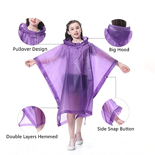 Rain Poncho for Kids (2 Pack), Reusable EVA Children Raincoat Ponchos Rain Jacket with Hood for 6-14 Girls Boys4
