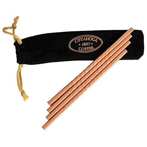 Set of 4 - Twisted Pure Copper Drinking Straws in Black Velvet Bag with Cleaning Brush. Part of the 1897 Collection from Cuyahoga Copper Cover